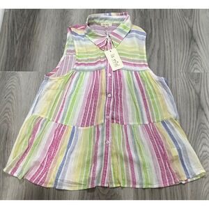 La Miel Women Pastel Rainbow Stripe Sleeveless Babydoll Button Top M NWT